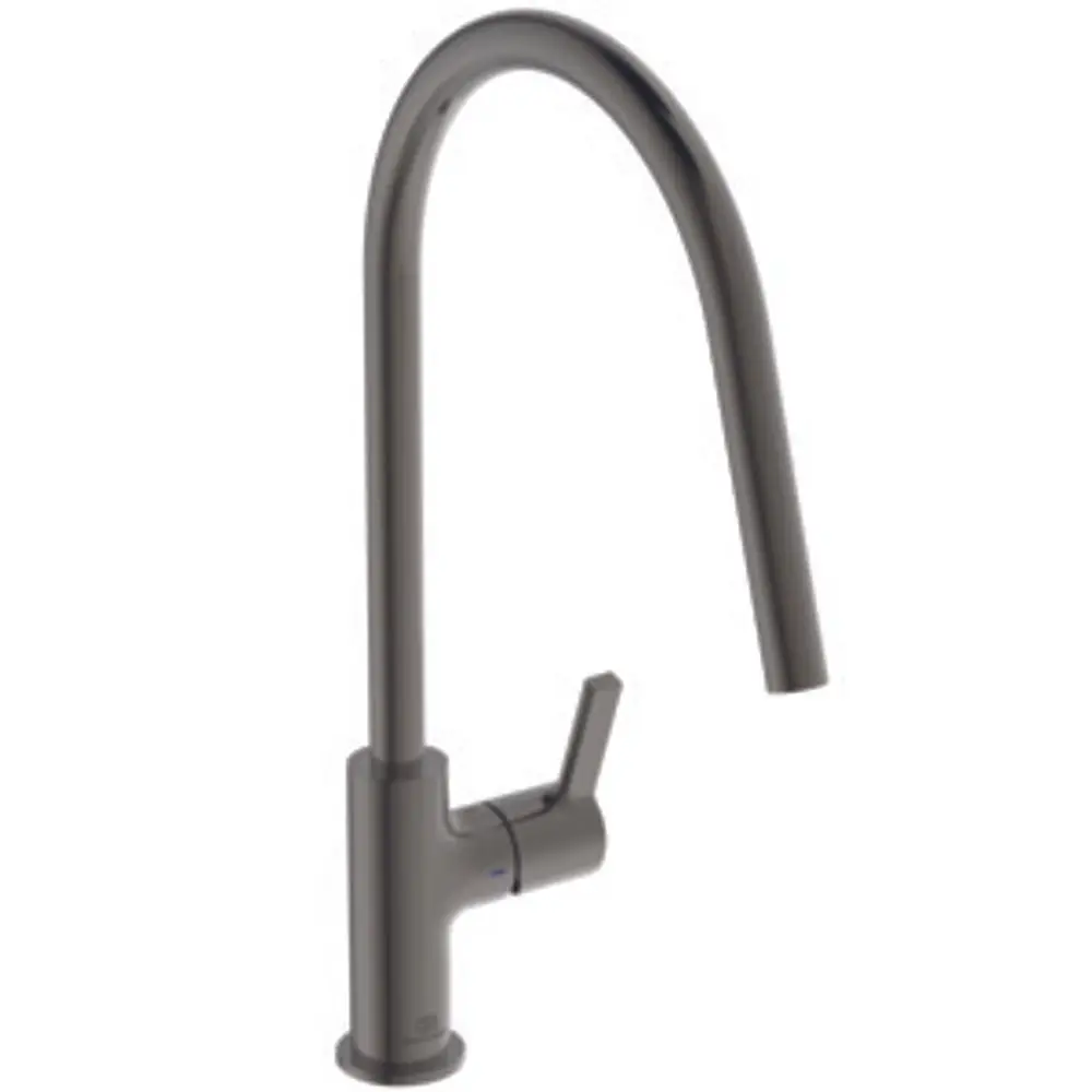 Küchenarmatur von Ideal Standard in einer grauen Oberfläche mit einem gebogenen Auslauf und einem seitlichen Hebel zur Steuerung des Wassers.
